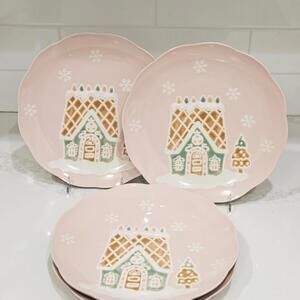 Pink Gingerbread House Dinner Plates Set of 4 10.5” Christmas Holiday Pastel